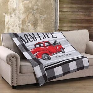NEW! Farmhouse Vintage Red Truck Quilted Throw Blanket Farm Life Country Lodge